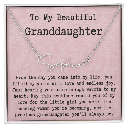 Personalized Birthday Gift for Granddaughter – Custom Signature Style Name Necklace – Unique Name Plate Necklace from Grandma, Nana, or Grandpa