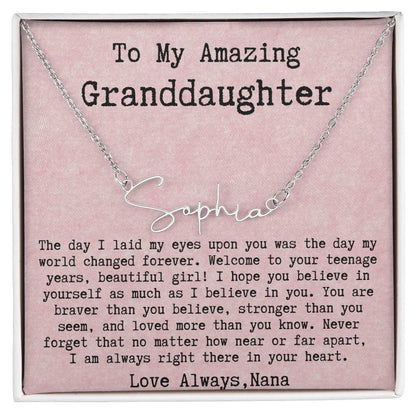 Personalized 13th Birthday Gift for Granddaughter from Nana - Signature Style Name Necklace