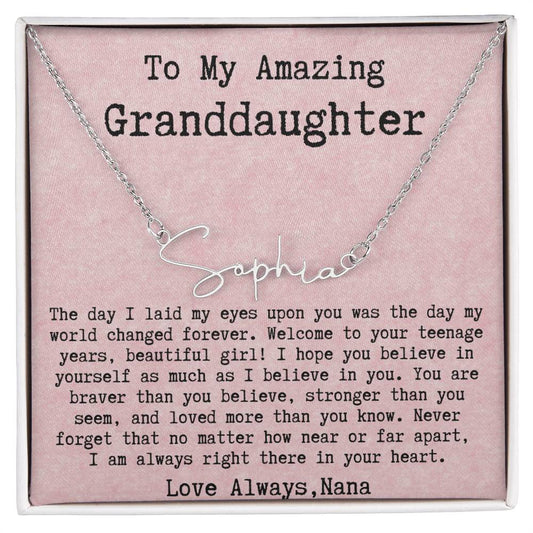 Personalized 13th Birthday Gift for Granddaughter from Nana - Signature Style Name Necklace