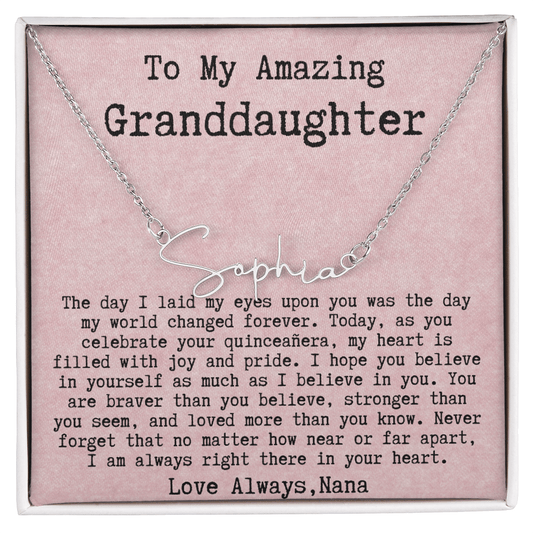 Personalized Quinceañera Gift from Nana to Granddaughter - Signature Style Name Necklace