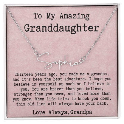 Personalized Birthday Gift for Granddaughter from Grandma and Grandpa - Signature Style Name Necklace