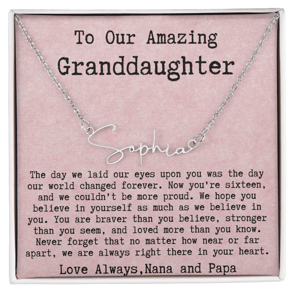 Personalized 16th Birthday Gift for Granddaughter from Nana and Papa - Signature Style Name Necklace