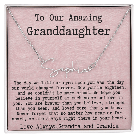 Personalized 18th Birthday Gift for Granddaughter from Grandma and Grandpa - Signature Style Name Necklace