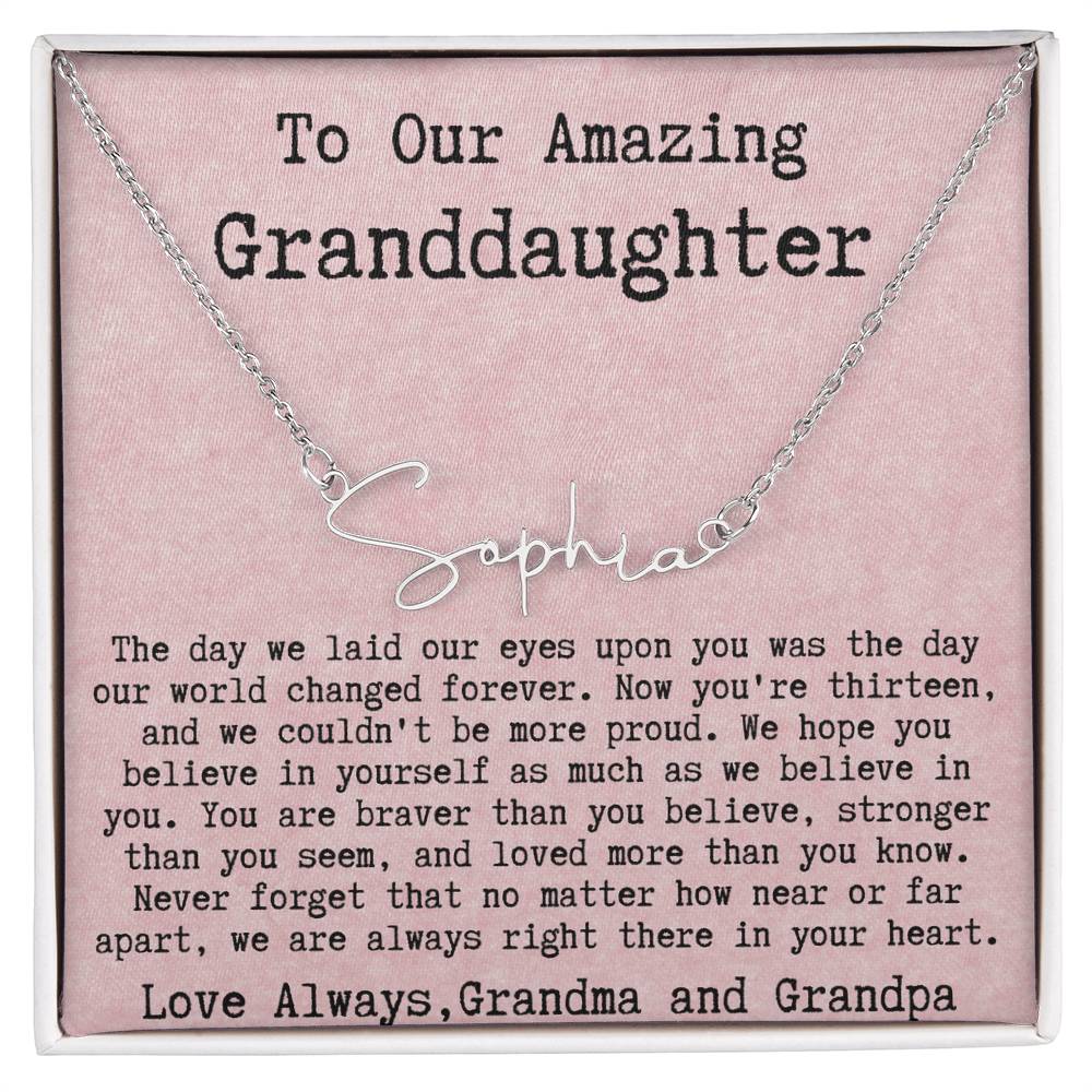 Personalized 13th Birthday Gift for Granddaughter from Grandpa and Grandma - Signature Style Name Necklace
