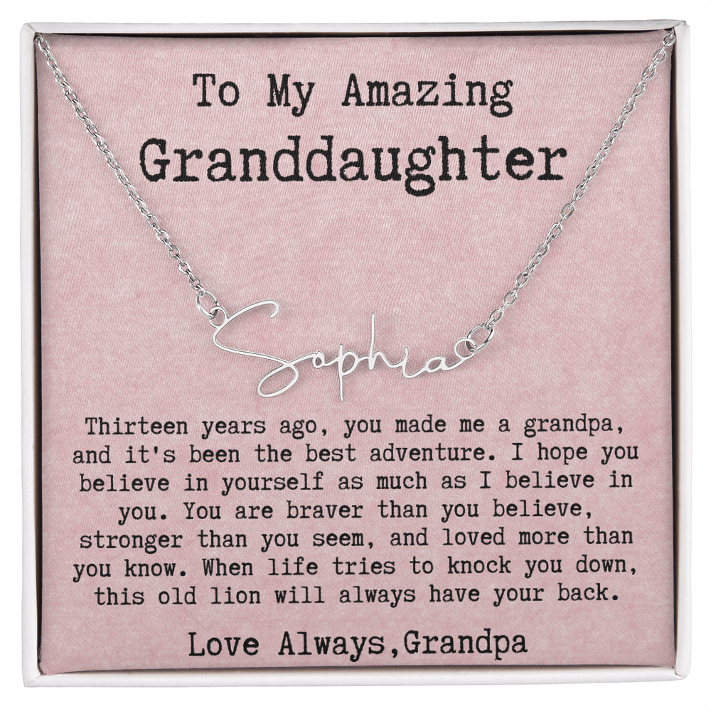 Personalized 13th Birthday Gift for Granddaughter from Grandpa - Signature Style Name Necklace