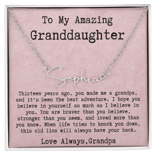Personalized 13th Birthday Gift for Granddaughter from Grandpa - Signature Style Name Necklace