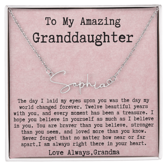 Personalized 12th Birthday Gift from Grandma to Granddaughter - Signature Style Name Necklace