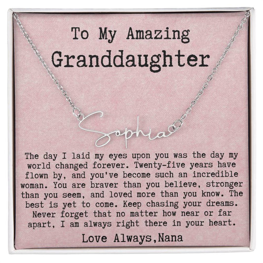 Personalized 25th Birthday Gift from Nana to Granddaughter - Signature Style Name Necklace
