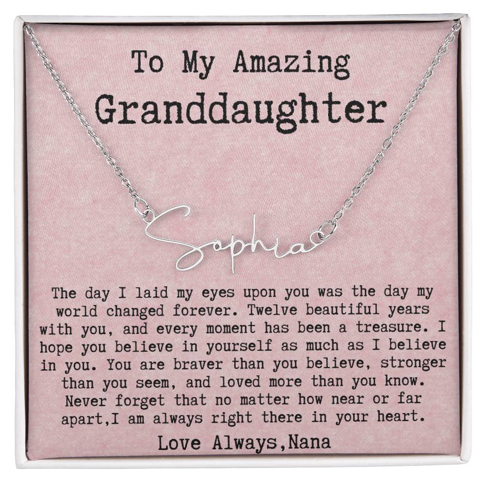 Personalized 12th Birthday Gift from Nana to Granddaughter - Signature Style Name Necklace