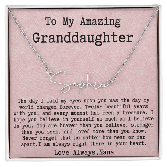 Personalized 12th Birthday Gift from Nana to Granddaughter - Signature Style Name Necklace