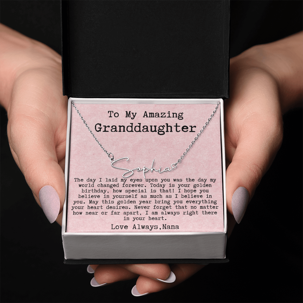 Personalized Golden Birthday Gift from Nana to Granddaughter - Signature Style Name Necklace
