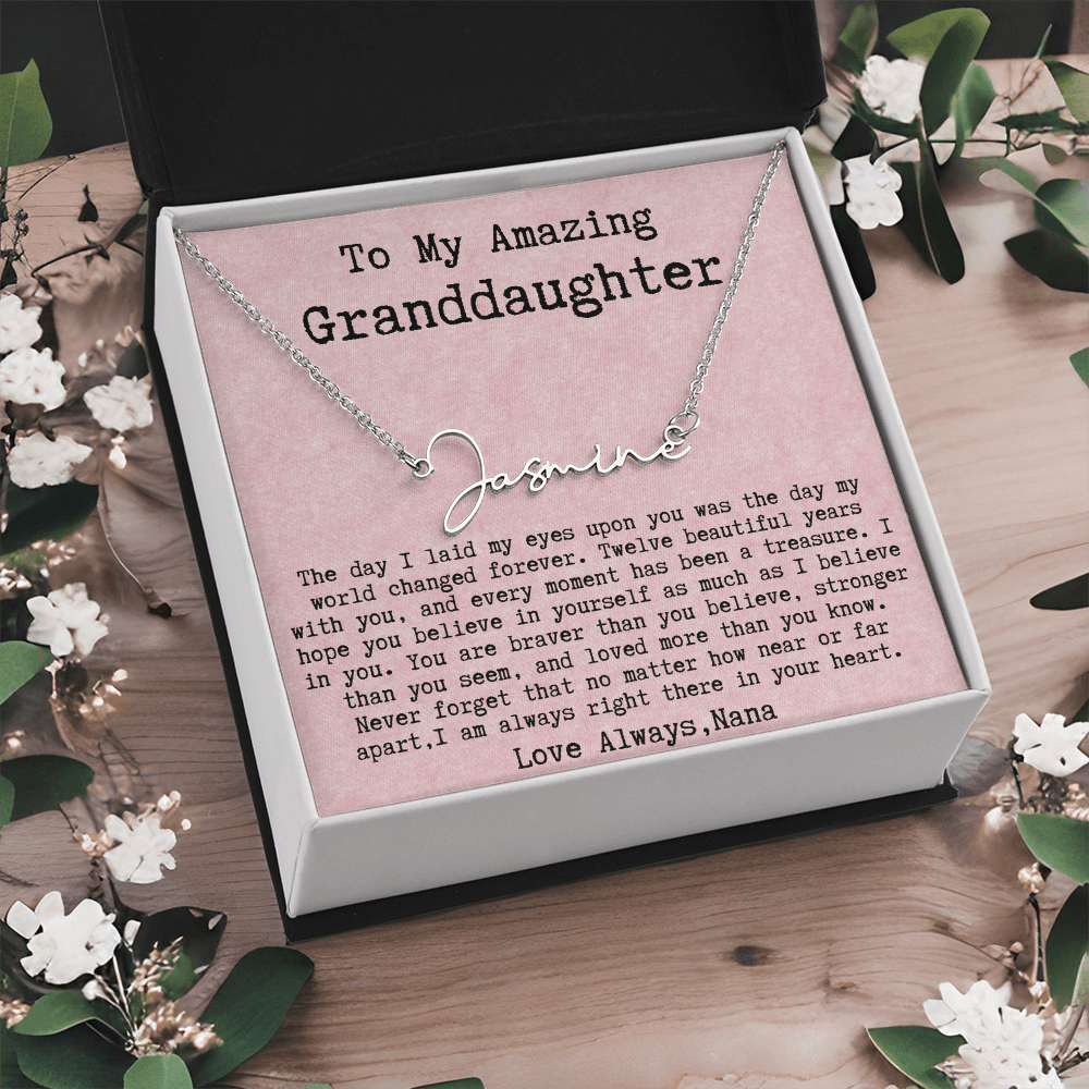 Personalized 12th Birthday Gift from Nana to Granddaughter - Signature Style Name Necklace