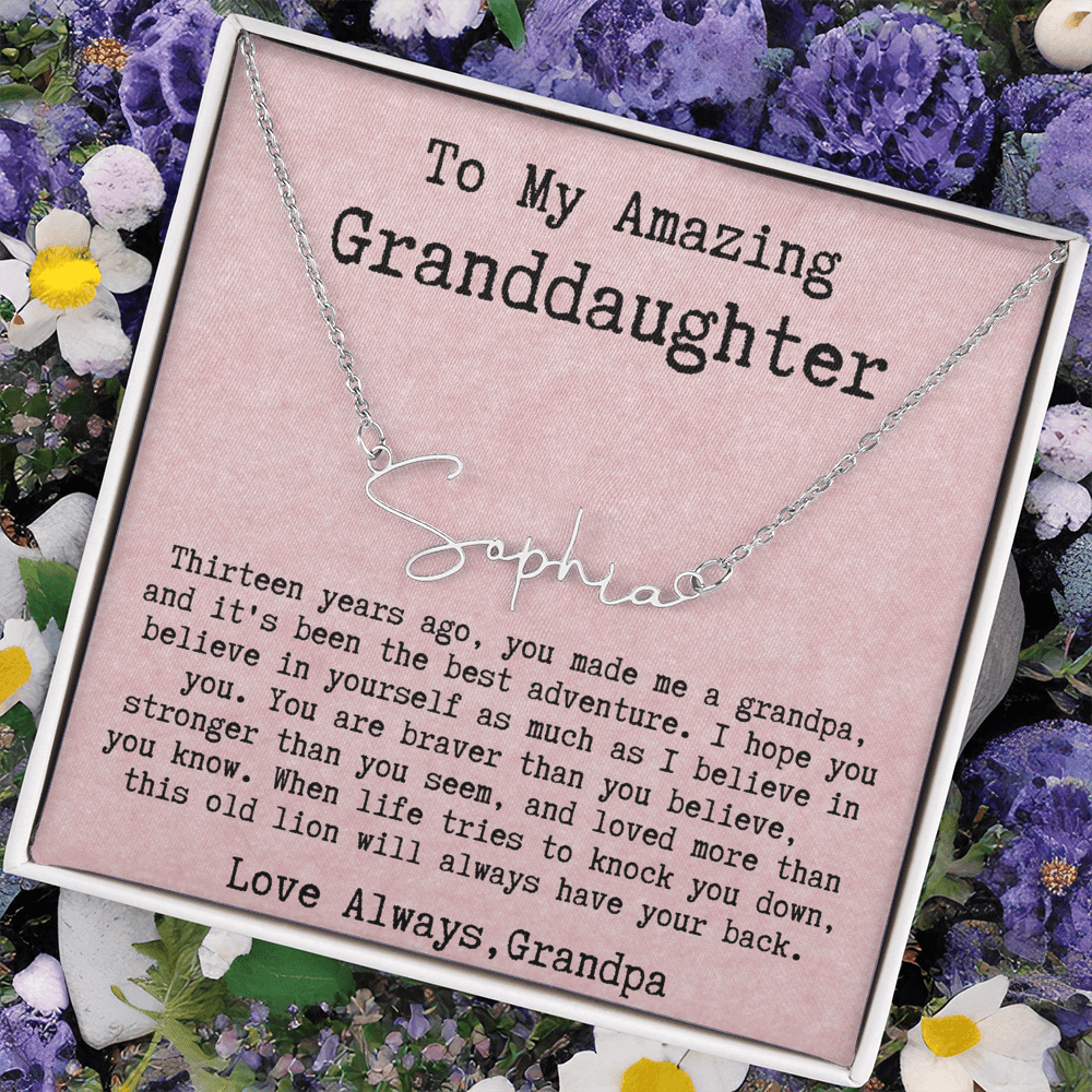 Personalized 13th Birthday Gift for Granddaughter from Grandpa - Signature Style Name Necklace