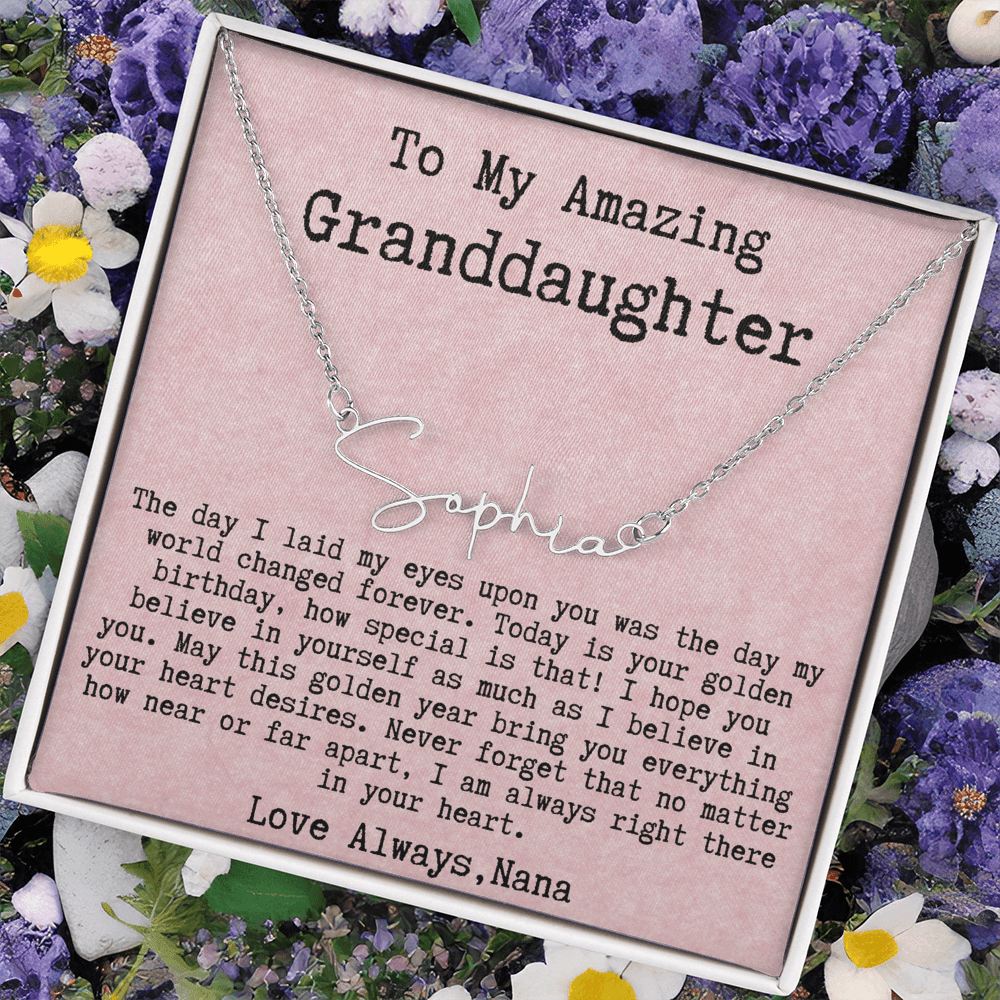 Personalized Golden Birthday Gift from Nana to Granddaughter - Signature Style Name Necklace