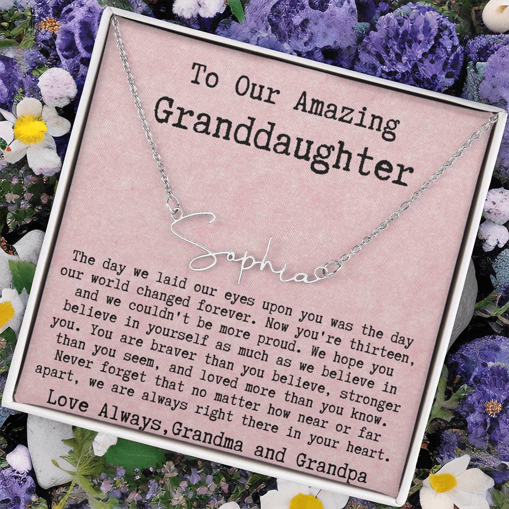 Personalized 13th Birthday Gift for Granddaughter from Grandpa and Grandma - Signature Style Name Necklace