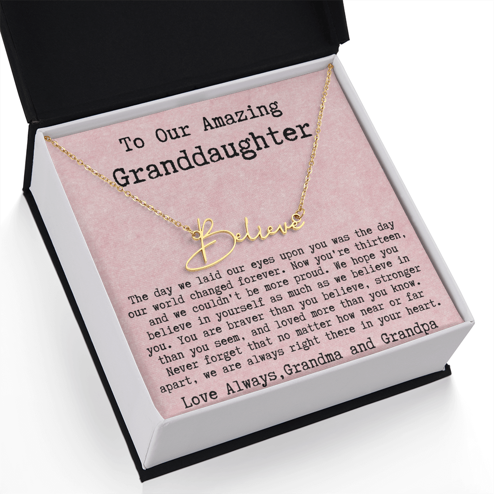 Personalized 13th Birthday Gift for Granddaughter from Grandpa and Grandma - Signature Style Name Necklace