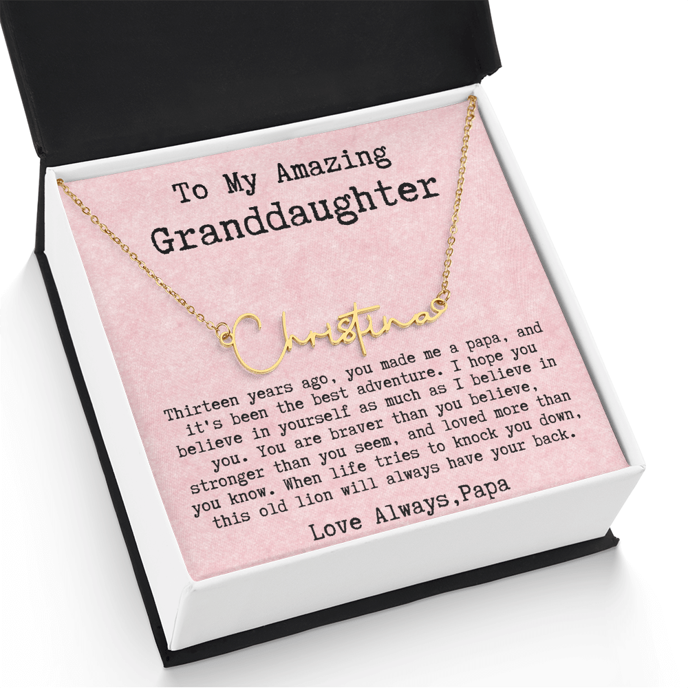 Personalized 13th Birthday Gift for Granddaughter from Papa - Signature Style Name Necklace