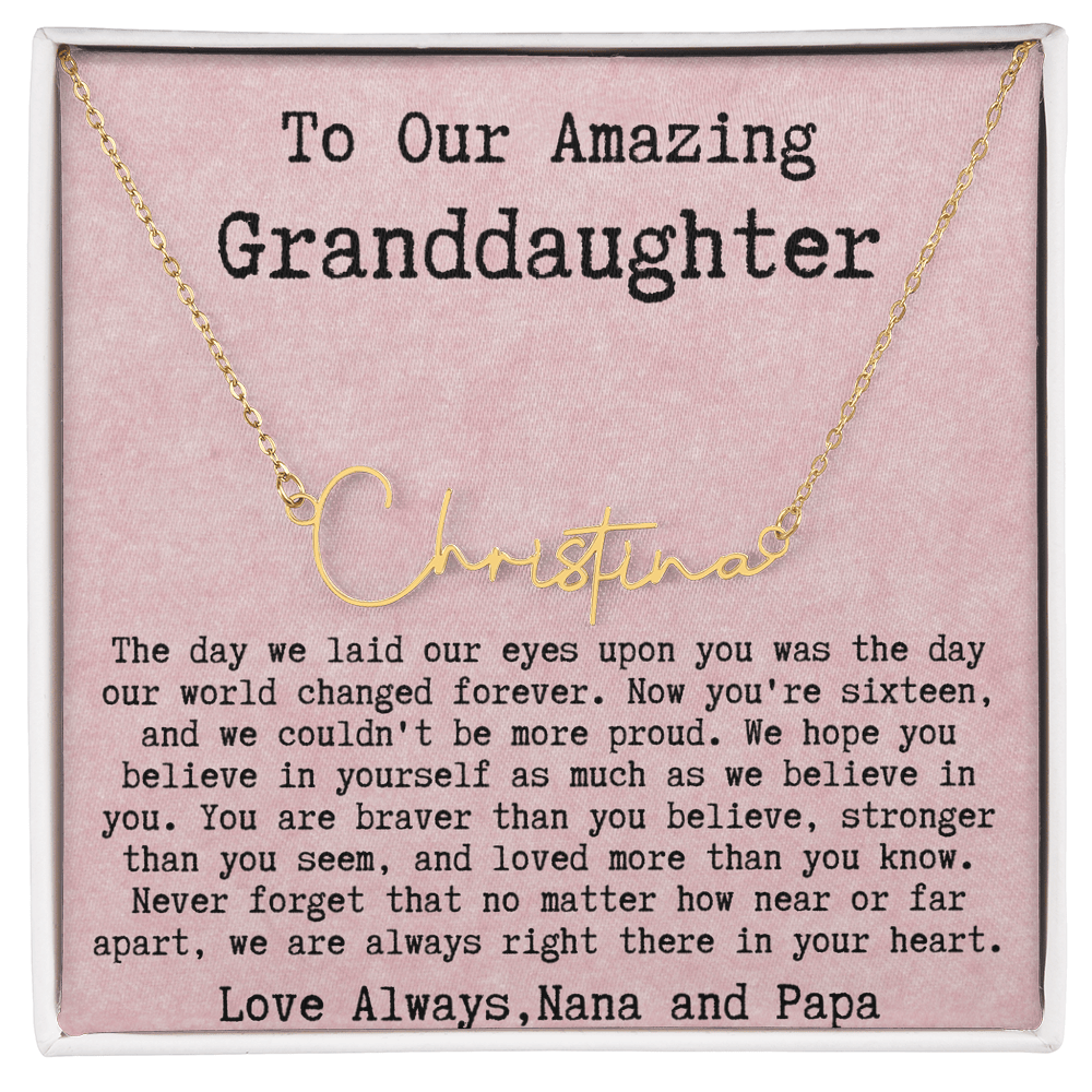 Personalized 16th Birthday Gift for Granddaughter from Nana and Papa - Signature Style Name Necklace