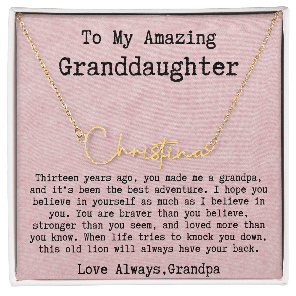 Personalized 13th Birthday Gift for Granddaughter from Grandpa - Signature Style Name Necklace