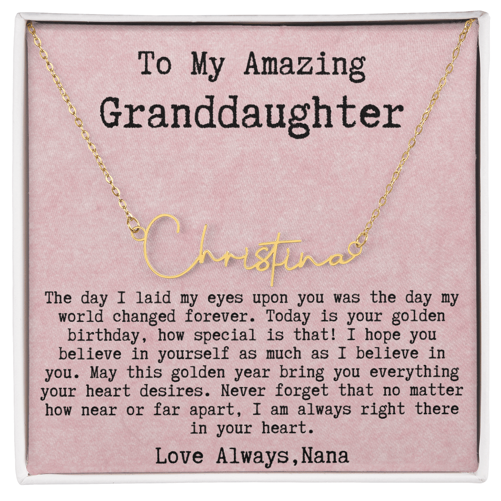 Personalized Golden Birthday Gift from Nana to Granddaughter - Signature Style Name Necklace