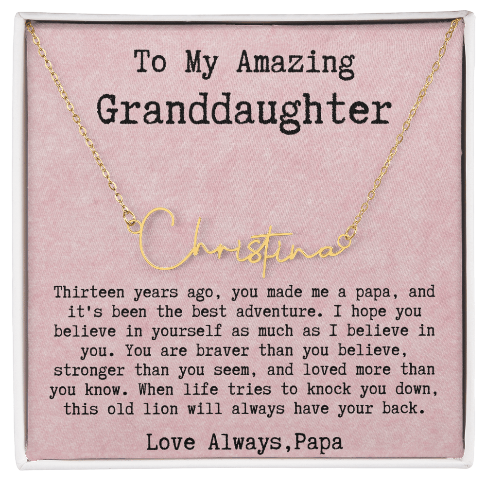 Personalized 13th Birthday Gift for Granddaughter from Papa - Signature Style Name Necklace