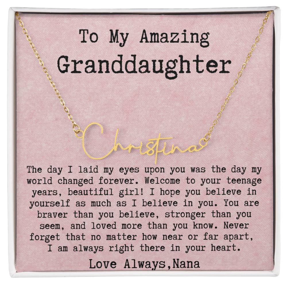 Personalized 13th Birthday Gift for Granddaughter from Nana - Signature Style Name Necklace