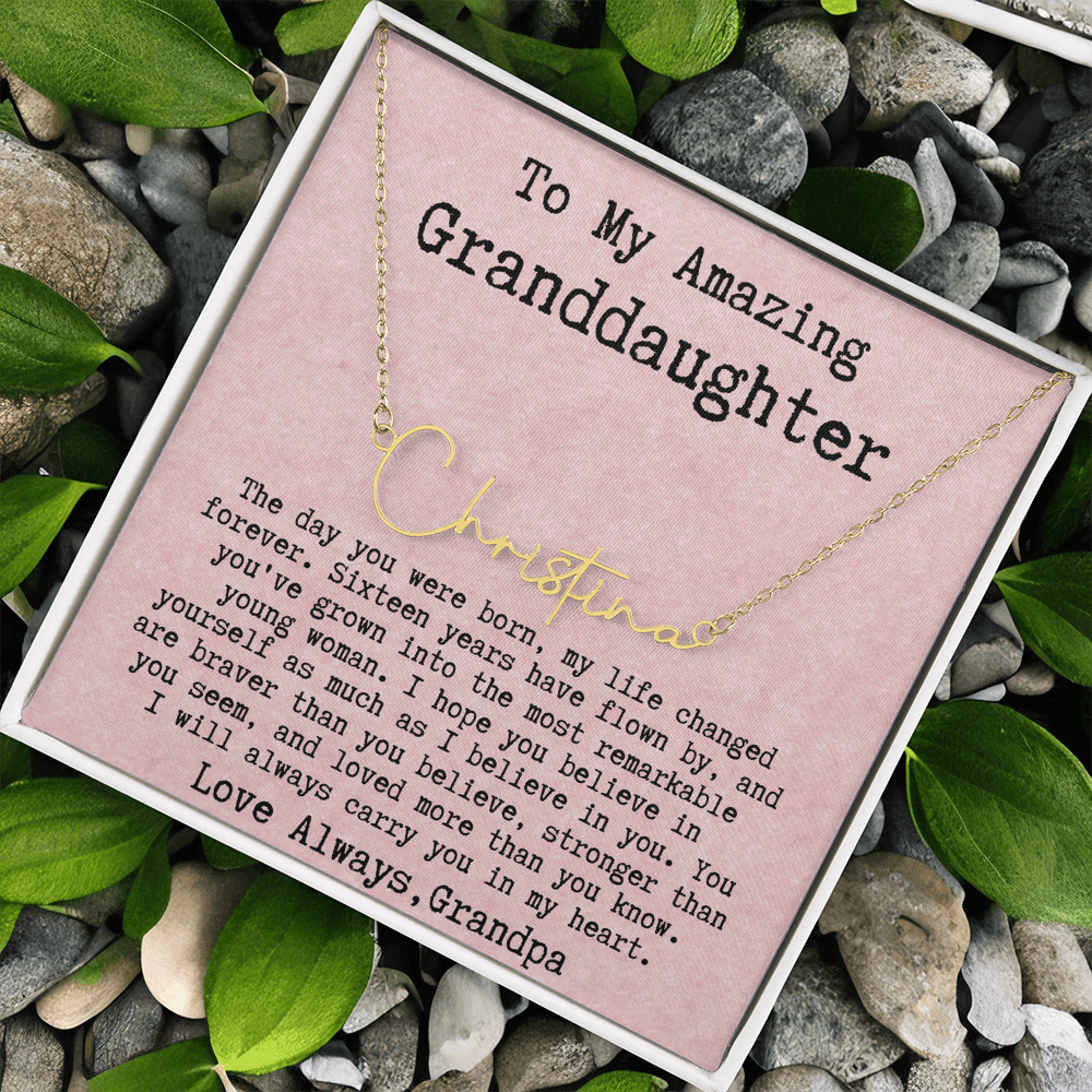 Personalized 16th Birthday Gift for Granddaughter from Grandpa - Signature Style Name Necklace