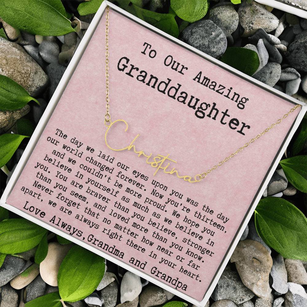 Personalized 13th Birthday Gift for Granddaughter from Grandpa and Grandma - Signature Style Name Necklace