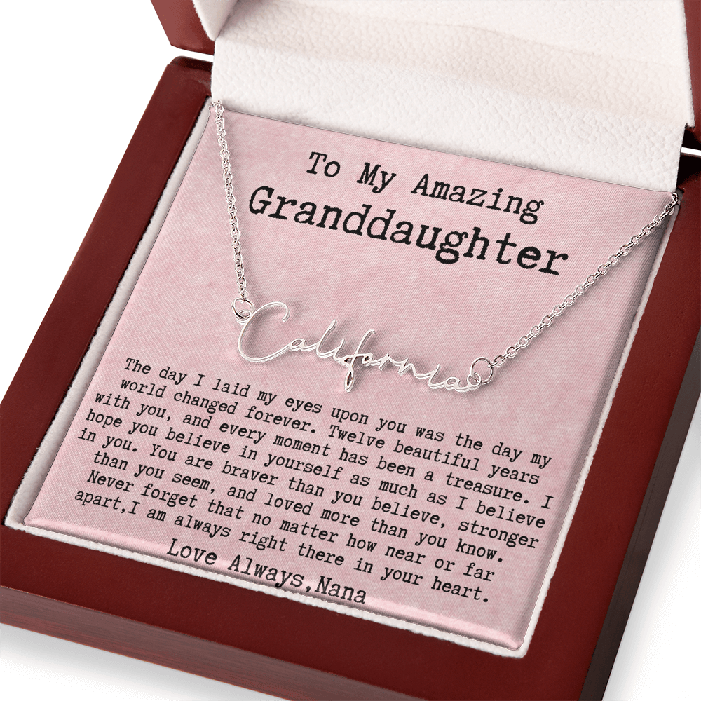 Personalized 12th Birthday Gift from Nana to Granddaughter - Signature Style Name Necklace