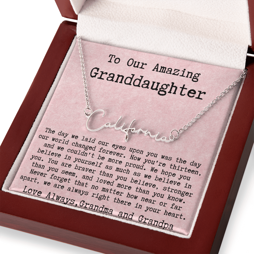 Personalized 13th Birthday Gift for Granddaughter from Grandpa and Grandma - Signature Style Name Necklace