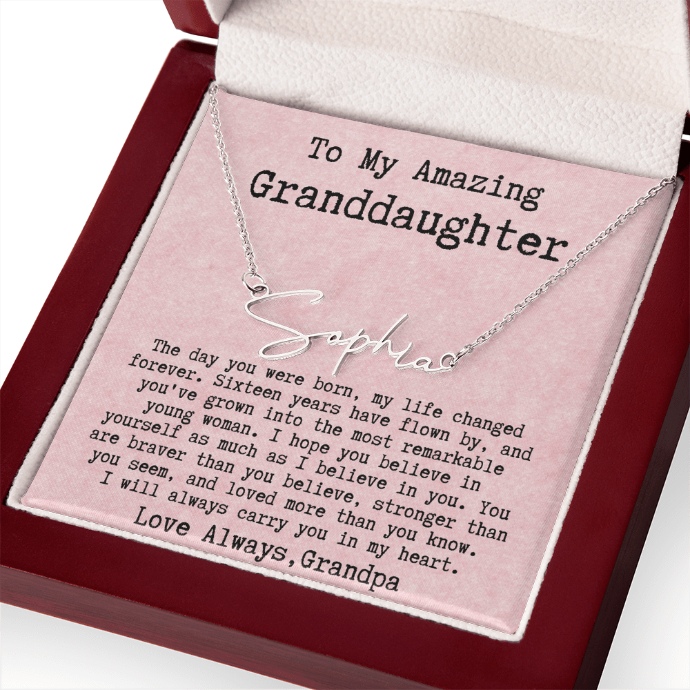 Personalized 16th Birthday Gift for Granddaughter from Grandpa - Signature Style Name Necklace