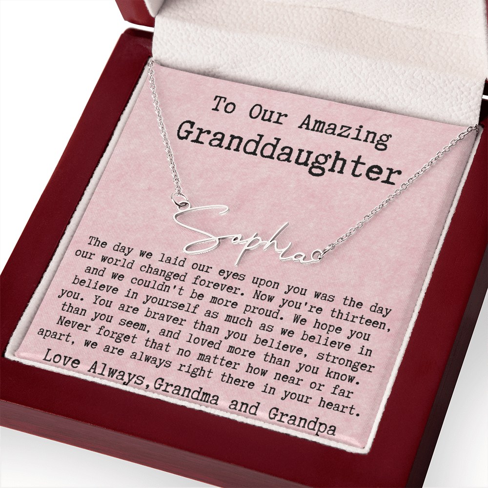 Personalized 13th Birthday Gift for Granddaughter from Grandpa and Grandma - Signature Style Name Necklace