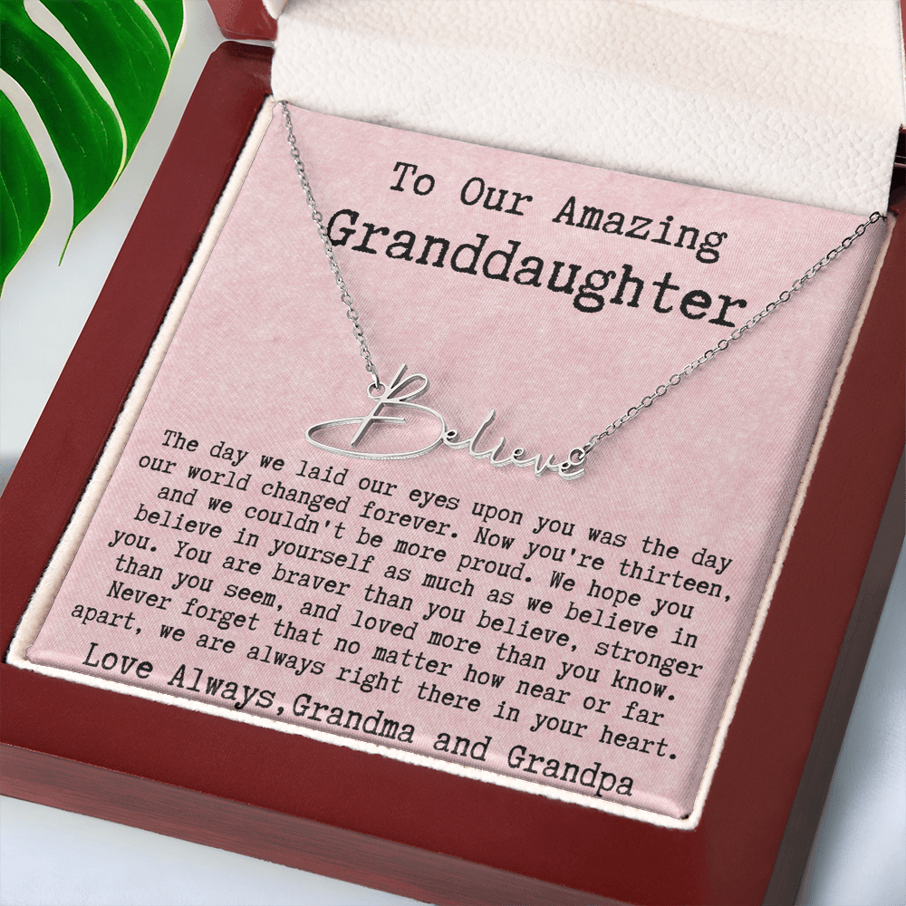 Personalized 13th Birthday Gift for Granddaughter from Grandpa and Grandma - Signature Style Name Necklace