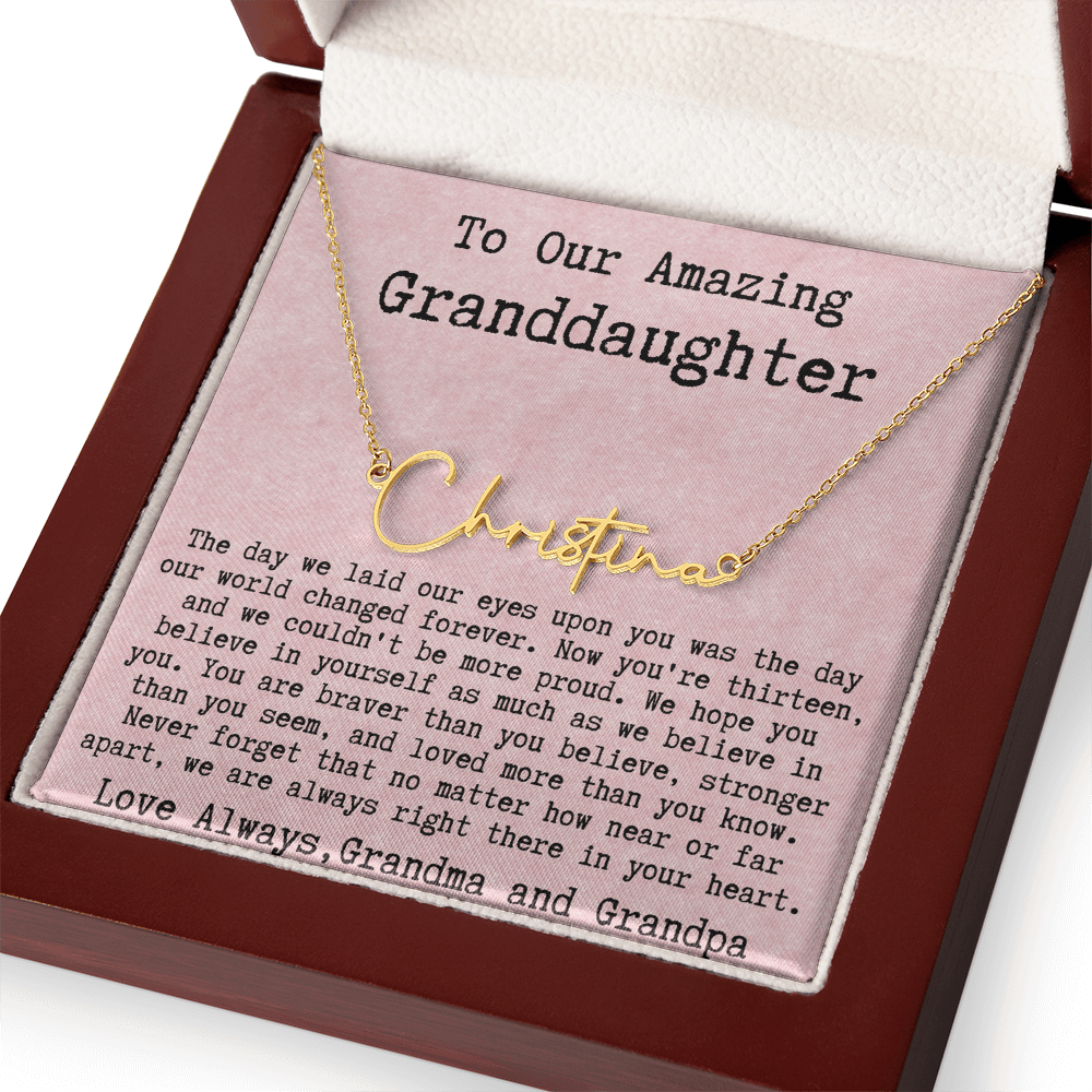 Personalized 13th Birthday Gift for Granddaughter from Grandpa and Grandma - Signature Style Name Necklace