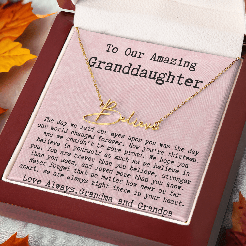 Personalized 13th Birthday Gift for Granddaughter from Grandpa and Grandma - Signature Style Name Necklace