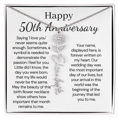 Personalized 50th Anniversary Gift for Wife – Customized Birth Flower Name Necklace – Unique Fiftieth Wedding Anniversary Gift Ideas for Wife from Husband