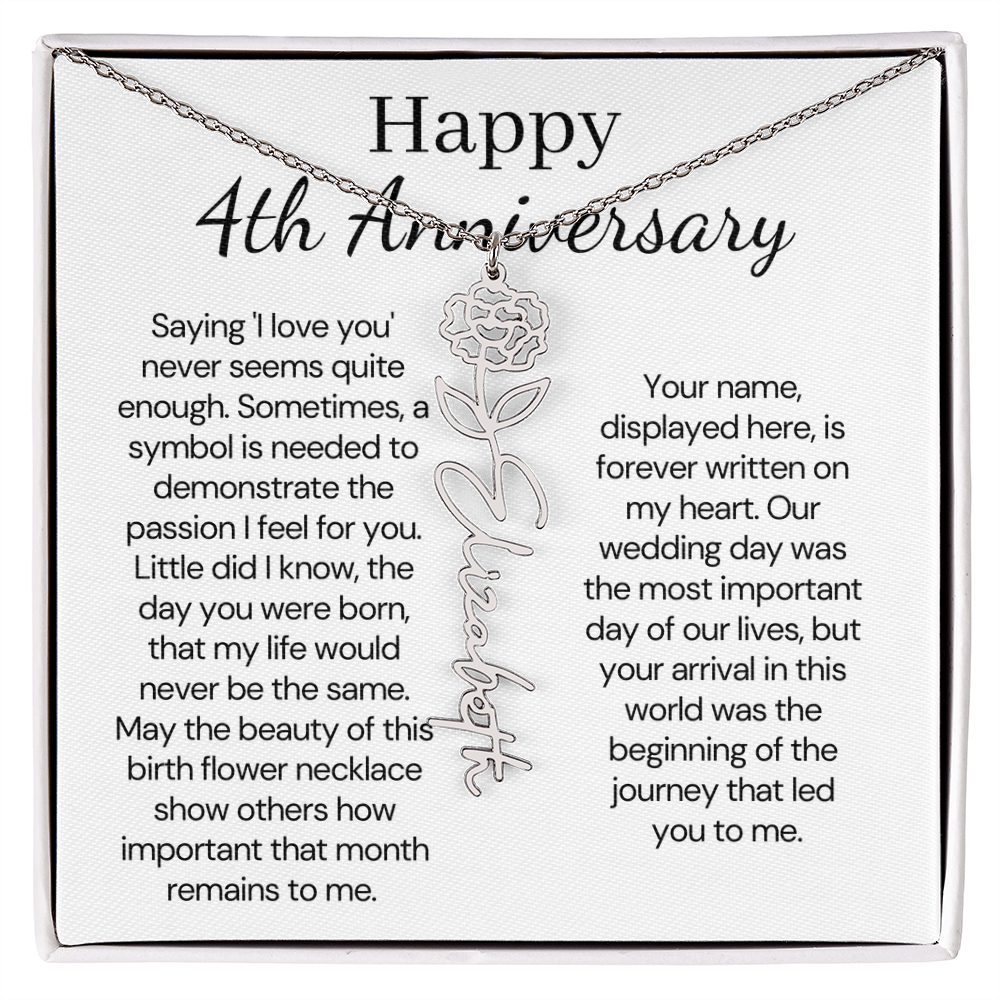 Personalized 4th Wedding Anniversary Gift for Wife – Customized Birth Flower Name Necklace – Unique Anniversary Gift Ideas for Wife from Husband