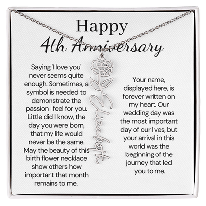 Personalized 4th Wedding Anniversary Gift for Wife – Customized Birth Flower Name Necklace – Unique Anniversary Gift Ideas for Wife from Husband