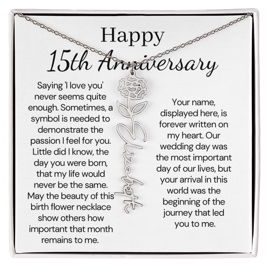 Personalized 15th Anniversary Gift for Wife – Customized Birth Flower Name Necklace – Unique Fifteenth Wedding Anniversary Gift Ideas for Wife from Husband