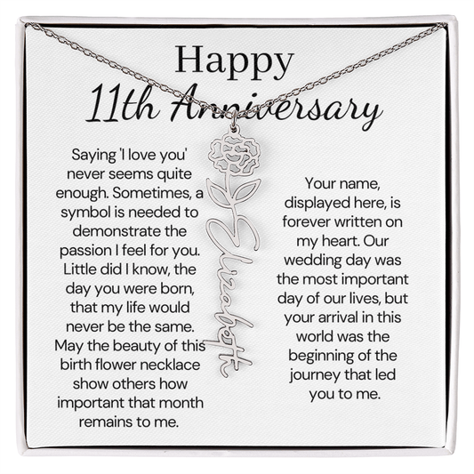 Personalized 11th Wedding Anniversary Gift for Wife – Customized Birth Flower Name Necklace – Unique Eleventh Anniversary Gift Ideas for Wife from Husband