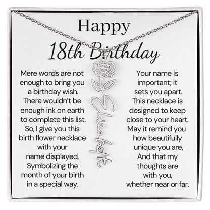 Personalized 18th Birthday Gift for Her  – Customized Birth Flower Name Necklace – 18th Birthday Jewelry Gift for Granddaughter, Daughter, or Niece