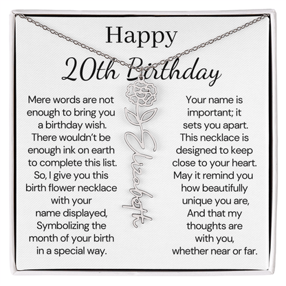 Personalized 20th Birthday Gift for Her – Customized Birth Flower Name Necklace – 20th Birthday Jewelry Gift for Daughter, Granddaughter, or Niece