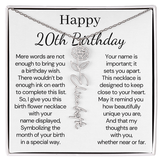 Personalized 20th Birthday Gift for Her – Customized Birth Flower Name Necklace – 20th Birthday Jewelry Gift for Daughter, Granddaughter, or Niece