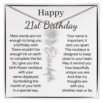 Personalized 21st Birthday Gift for Her – Customized Birth Flower Name Necklace – 21st Birthday Jewelry Gift for Granddaughter, Daughter, or Niece