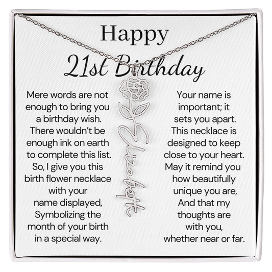 Personalized 21st Birthday Gift for Her – Customized Birth Flower Name Necklace – 21st Birthday Jewelry Gift for Granddaughter, Daughter, or Niece