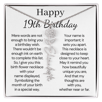 Personalized 19th Birthday Gift for Her  – Customized Birth Flower Name Necklace – 19th Birthday Jewelry Gift for Granddaughter, Daughter, or Niece