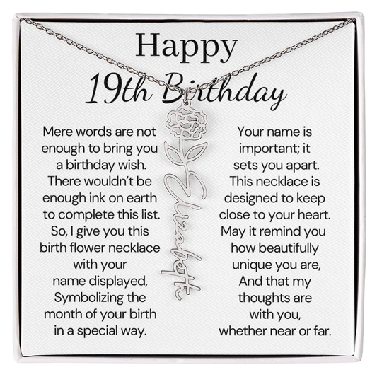 Personalized 19th Birthday Gift for Her  – Customized Birth Flower Name Necklace – 19th Birthday Jewelry Gift for Granddaughter, Daughter, or Niece