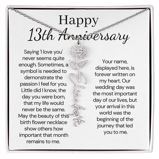 Personalized 13th Wedding Anniversary Gift for Wife – Customized Birth Flower Name Necklace – Unique Thirteenth Anniversary Gift Ideas for Wife from Husband