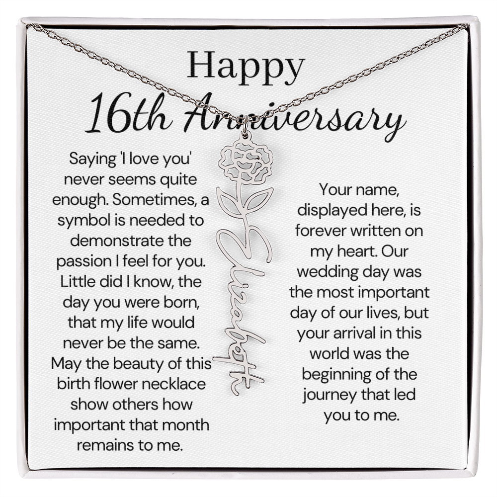 Personalized 16th Anniversary Gift for Wife – Customized Birth Flower Name Necklace – Unique Sixteenth Wedding Anniversary Gift Ideas for Wife