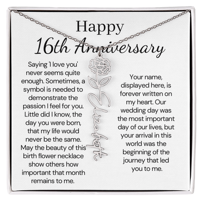 Personalized 16th Anniversary Gift for Wife – Customized Birth Flower Name Necklace – Unique Sixteenth Wedding Anniversary Gift Ideas for Wife